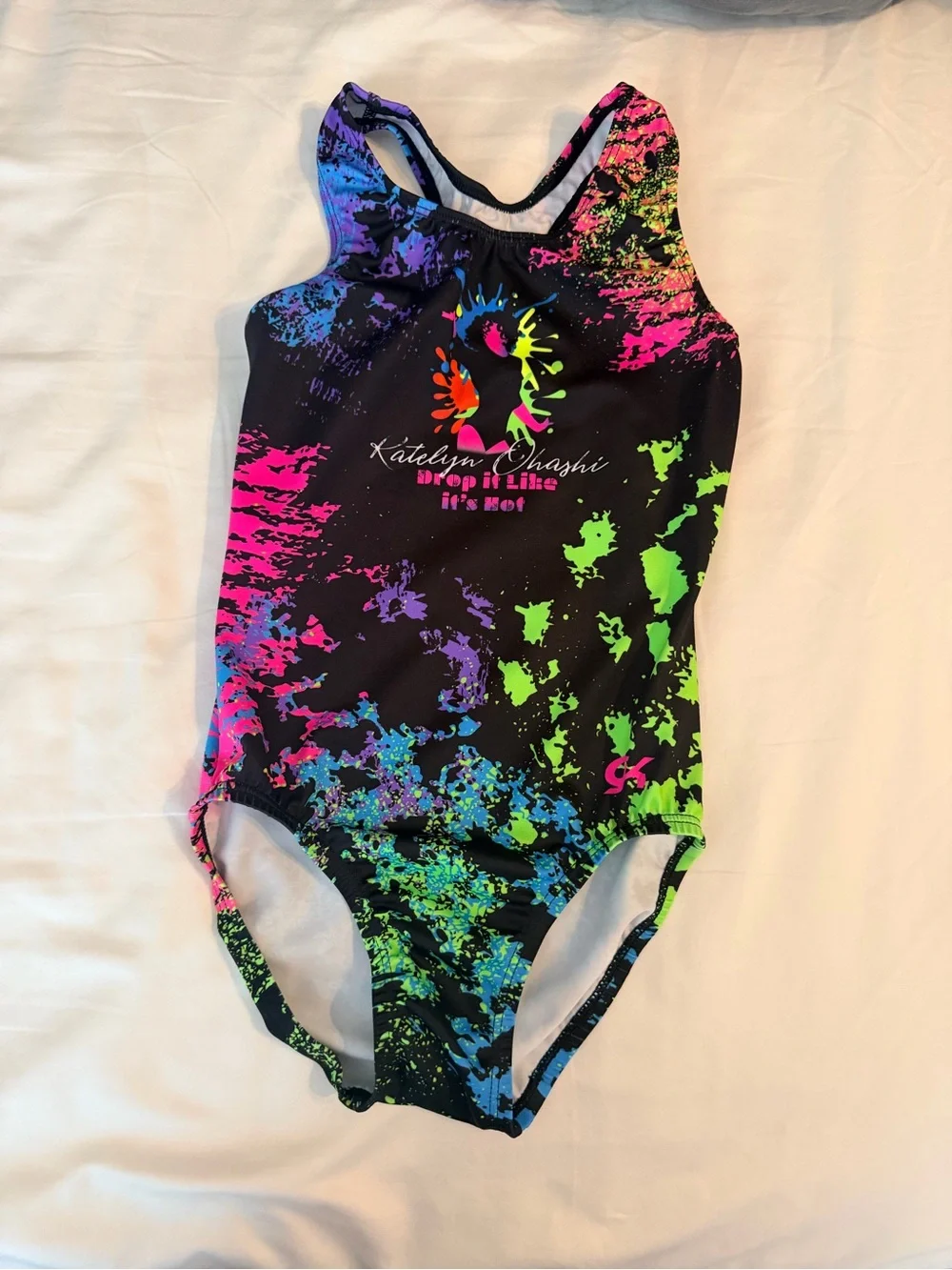 Kids Neon Splash Leotard - Black with Pink, Green, Blue